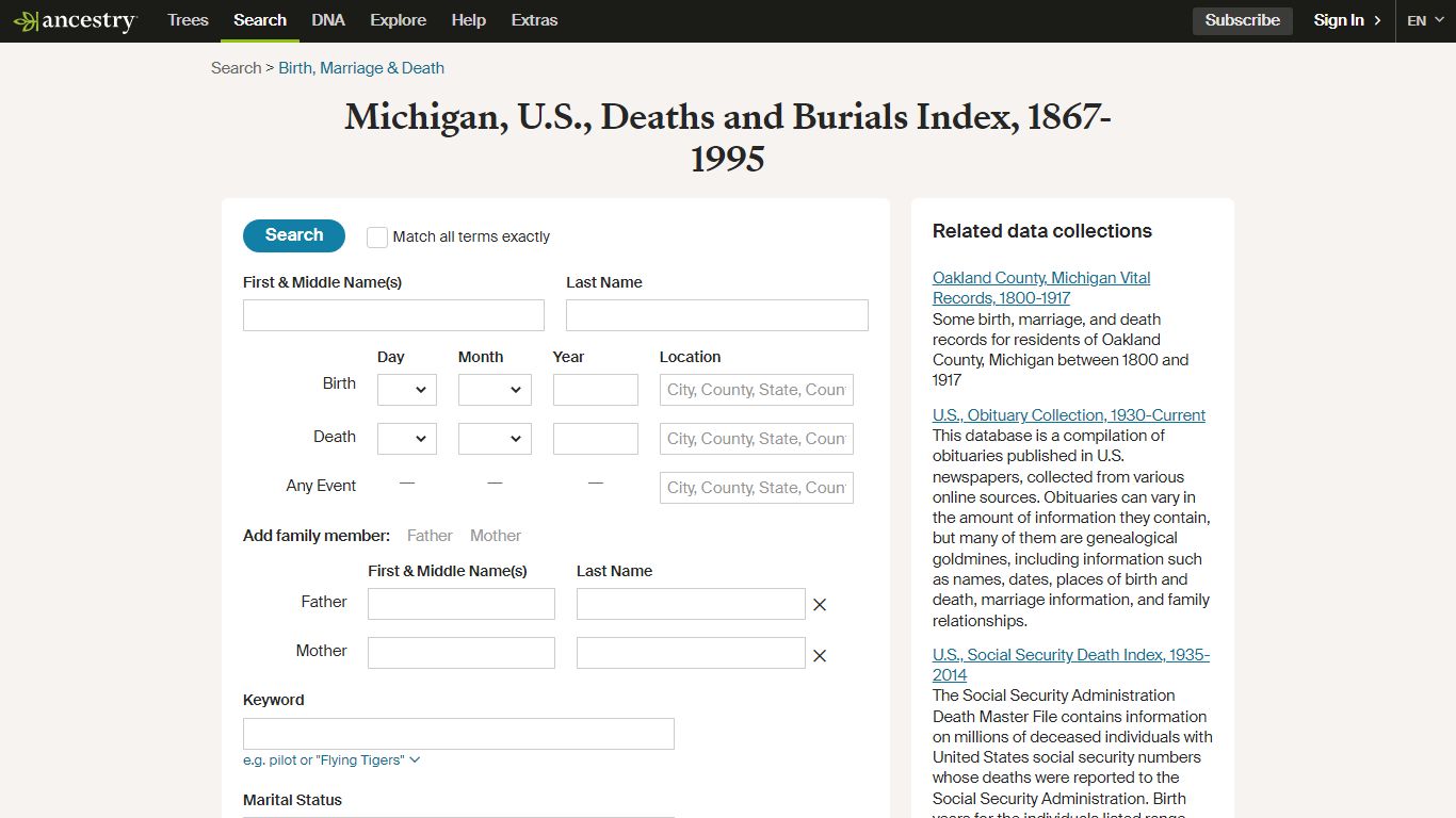 Michigan, U.S., Deaths and Burials Index, 1867-1995